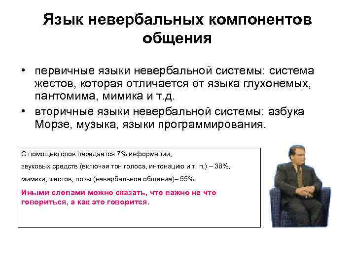 Язык невербальных компонентов общения • первичные языки невербальной системы: система жестов, которая отличается от