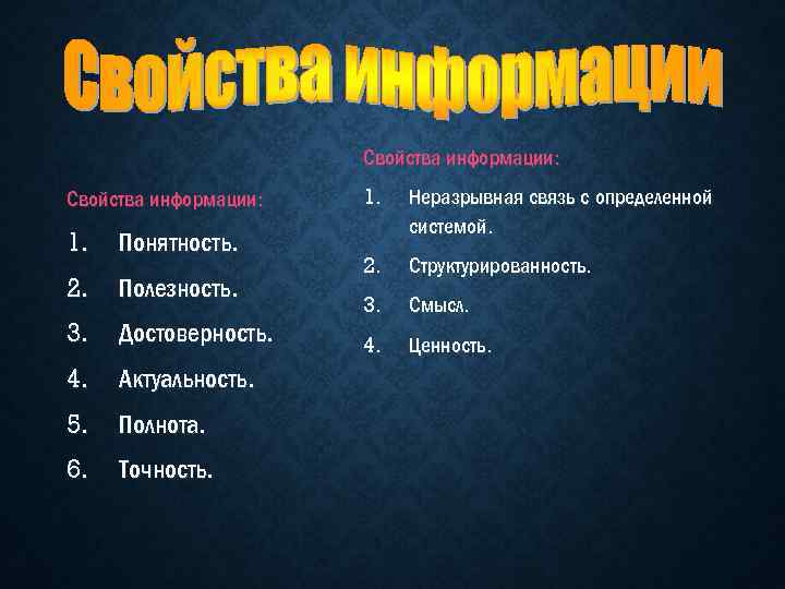 Свойства информации: 1. Понятность. 2. Полезность. 3. Достоверность. 4. Актуальность. 5. Полнота. 6. Точность.