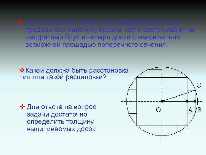 v На лесопильных рамах (они предназначены для продольного пиления) бревна часто распиливают на квадратный