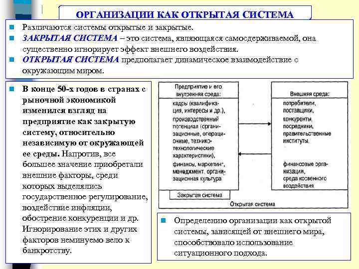 ОРГАНИЗАЦИИ КАК ОТКРЫТАЯ СИСТЕМА Различаются системы открытые и закрытые. ЗАКРЫТАЯ СИСТЕМА – это система,