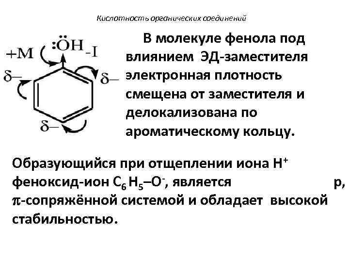 Кислотность органических соединений В молекуле фенола под влиянием ЭД-заместителя электронная плотность смещена от заместителя