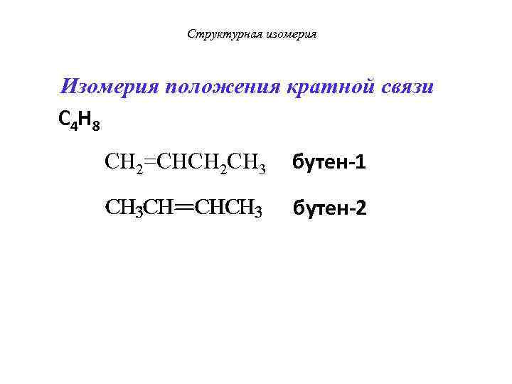 Структурная изомерия Изомерия положения кратной связи С 4 Н 8 CH 2=CHCH 2 CH