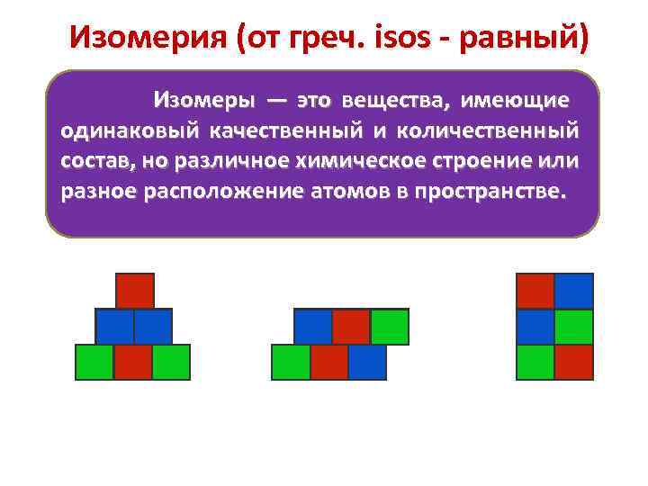 Изомерия (от греч. isos - равный) Изомеры — это вещества, имеющие одинаковый качественный и