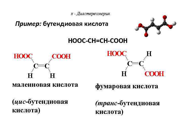 π - Диастереомерия Пример: бутендиовая кислота НООС-СН=СН-СООН HOOC COOH HOOC H COOH H H