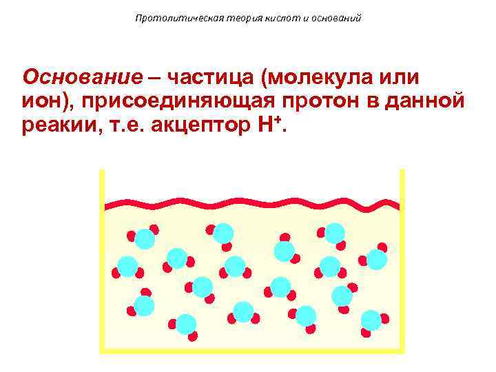 Протолитическая теория кислот и оснований Основание – частица (молекула или ион), присоединяющая протон в