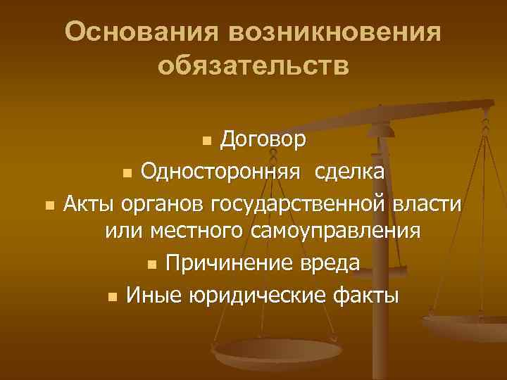 Основания возникновения обязательств в гражданском праве схема