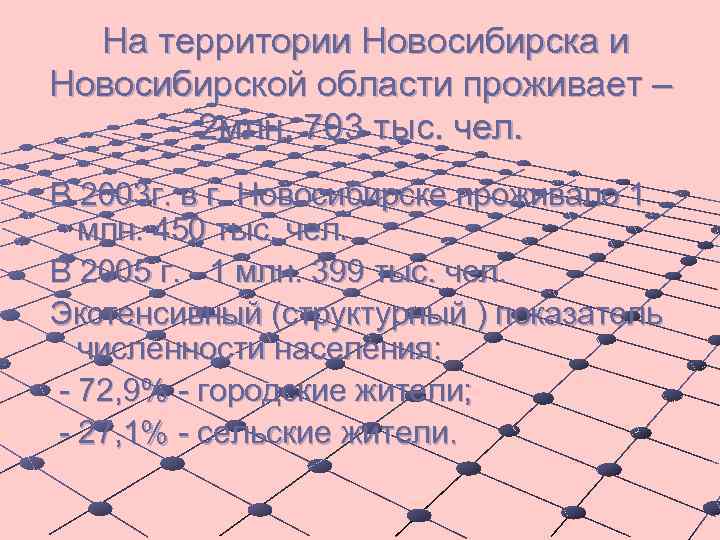 На территории Новосибирска и Новосибирской области проживает – 2 млн. 703 тыс. чел. В