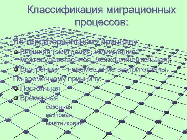 Классификация миграционных процессов: По территориальному принципу: Внешняя (эмиграция, иммиграция; межгосударственная, межконтинентальная); Внутренняя – перемещение