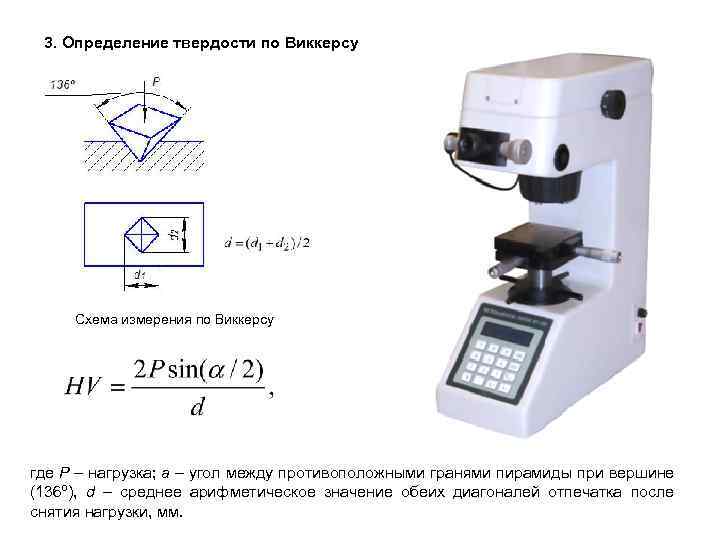 3. Определение твердости по Виккерсу Схема измерения по Виккерсу где Р – нагрузка; a