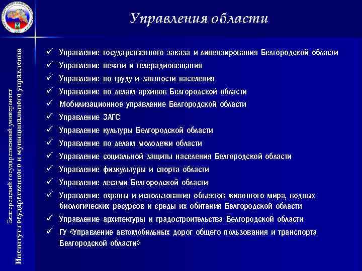 Институт государственного и муниципального управления Белгородский государственный университет Управления области ü ü ü Управление