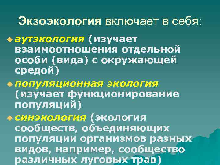 Экзоэкология включает в себя: u аутэкология (изучает взаимоотношения отдельной особи (вида) с окружающей средой)