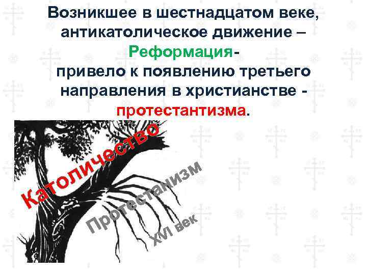 Возникшее в шестнадцатом веке, антикатолическое движение – Реформацияпривело к появлению третьего направления в христианстве