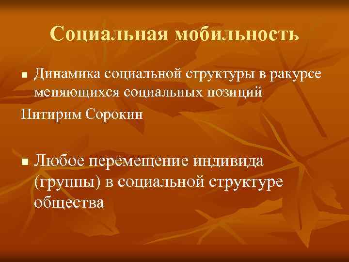 Социальная мобильность Динамика социальной структуры в ракурсе меняющихся социальных позиций Питирим Сорокин n n
