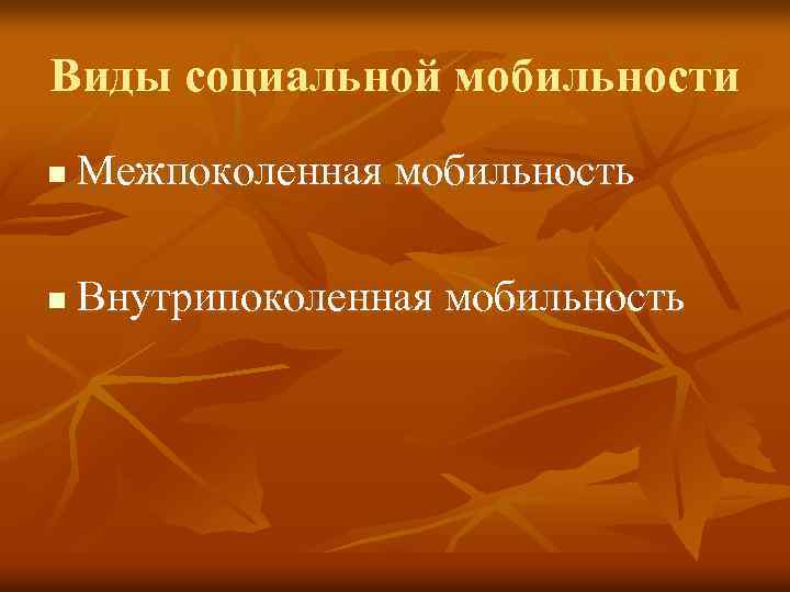Виды социальной мобильности n Межпоколенная мобильность n Внутрипоколенная мобильность 