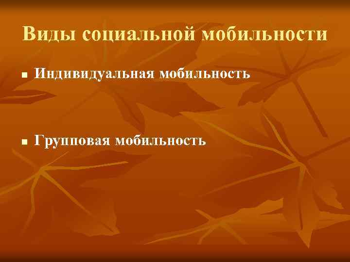 Виды социальной мобильности n Индивидуальная мобильность n Групповая мобильность 