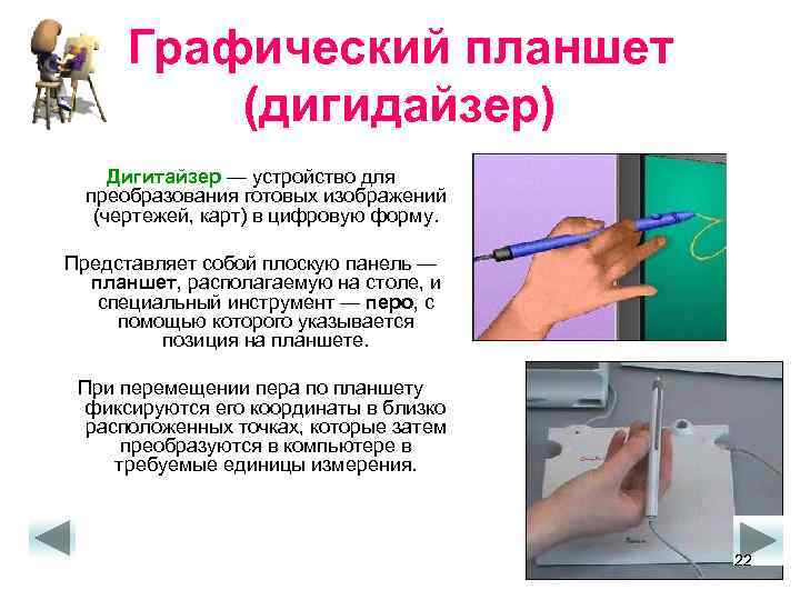 Графический планшет (дигидайзер) Дигитайзер — устройство для преобразования готовых изображений (чертежей, карт) в цифровую