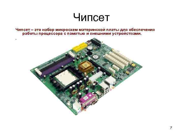 Чипсет – это набор микросхем материнской платы для обеспечения работы процессора с памятью и