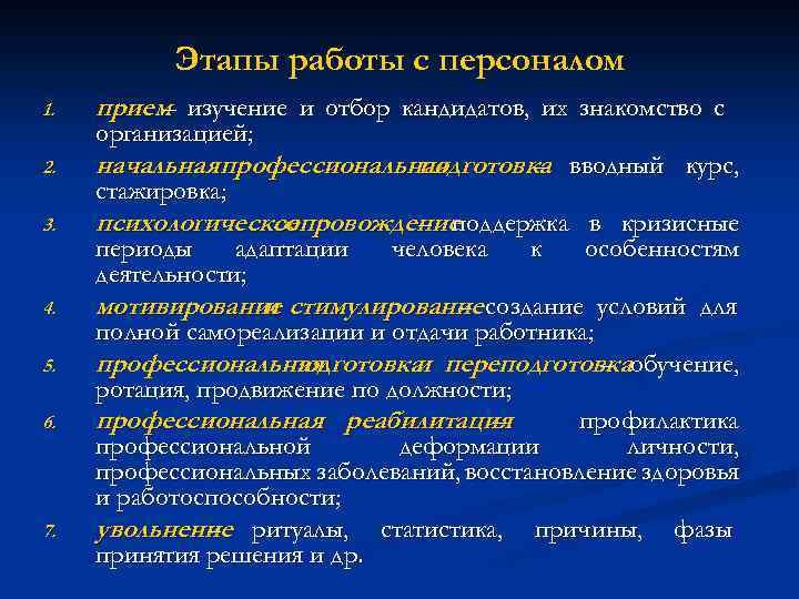 Этапы работы с персоналом 1. прием изучение и отбор кандидатов, их знакомство с –
