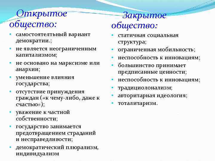 Открытое общество: • самостоятелтьный вариант демократии. ; • не является неограниченным капитализмом; • не