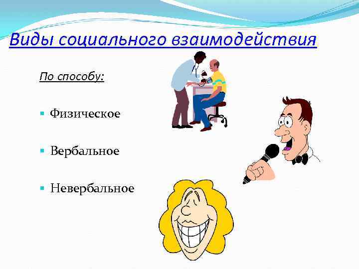 Виды социального взаимодействия По способу: § Физическое § Вербальное § Невербальное 