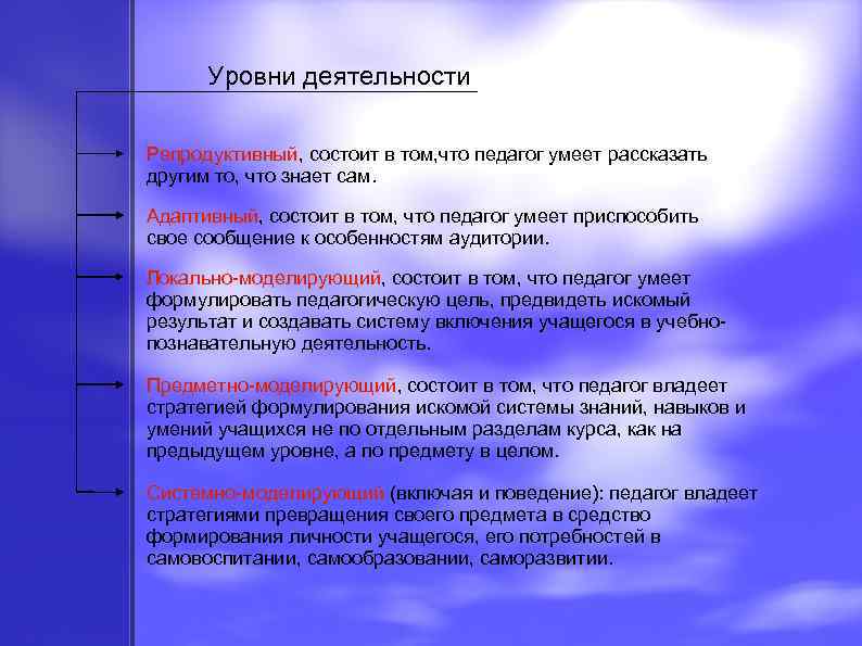 Уровни деятельности Репродуктивный, состоит в том, что педагог умеет рассказать другим то, что знает