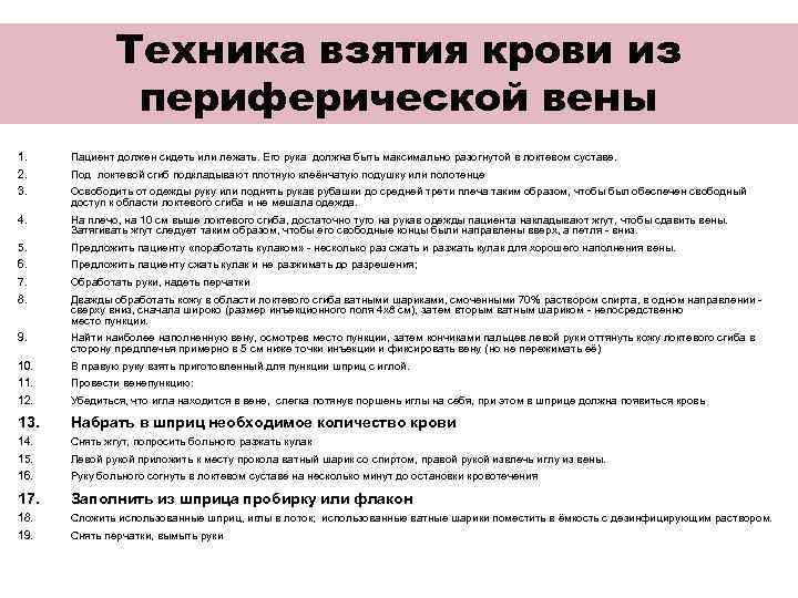 Техника взятия крови из периферической вены 1. 2. 3. Пациент должен сидеть или лежать.
