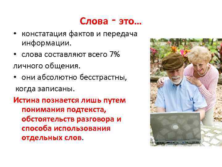 Слова ‑ это… • констатация фактов и передача информации. • слова составляют всего 7%