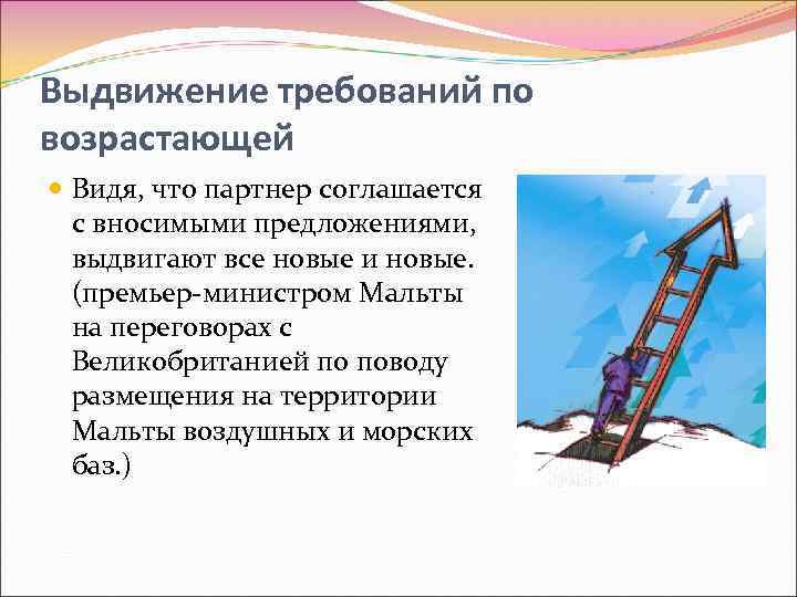 Выдвижение требований по возрастающей Видя, что партнер соглашается с вносимыми предложениями, выдвигают все новые