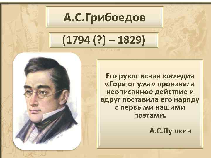 А. С. Грибоедов (1794 (? ) – 1829) Его рукописная комедия «Горе от ума»