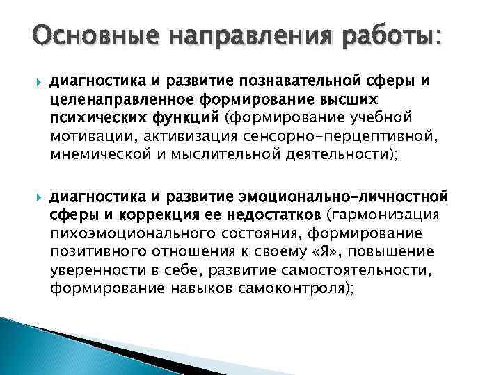 Основные направления работы: диагностика и развитие познавательной сферы и целенаправленное формирование высших психических функций