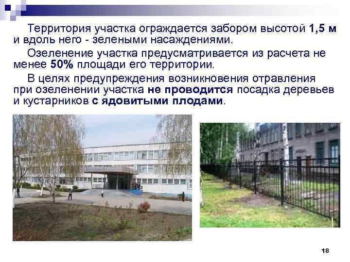 Территория участка ограждается забором высотой 1, 5 м и вдоль него - зелеными насаждениями.