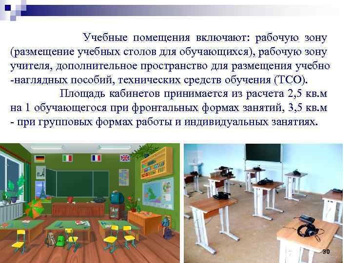 Учебные помещения включают: рабочую зону (размещение учебных столов для обучающихся), рабочую зону учителя, дополнительное
