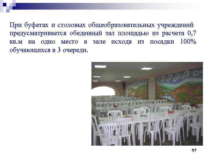 При буфетах и столовых общеобразовательных учреждений предусматривается обеденный зал площадью из расчета 0, 7