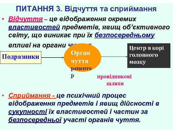 ПИТАННЯ 3. Відчуття та сприймання • Відчуття – це відображення окремих властивостей предметів, явищ