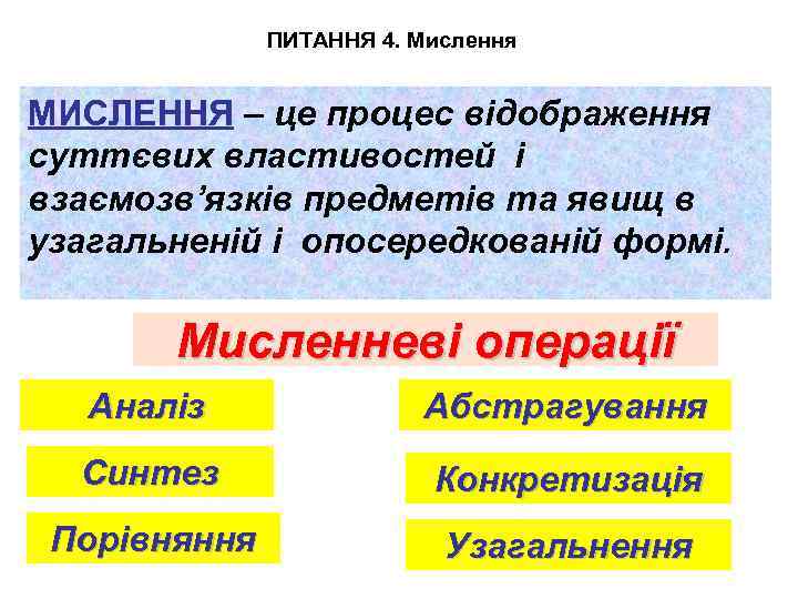 ПИТАННЯ 4. Мислення МИСЛЕННЯ – це процес відображення суттєвих властивостей і взаємозв’язків предметів та