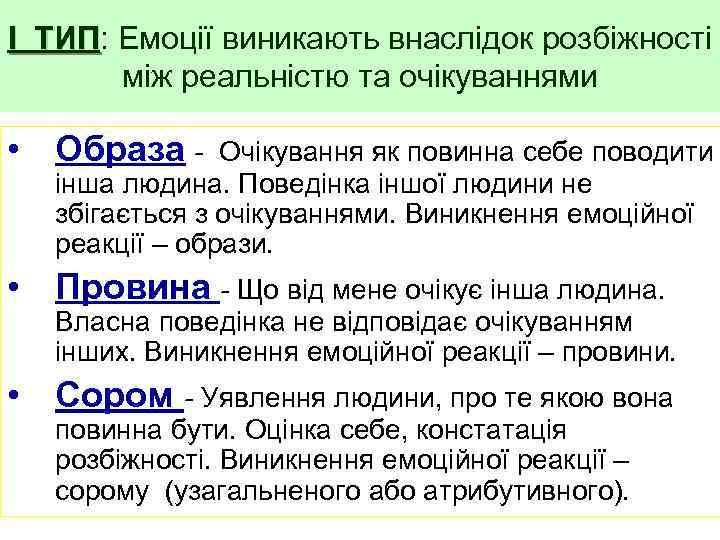 І ТИП: Емоції виникають внаслідок розбіжності І ТИП між реальністю та очікуваннями • Образа