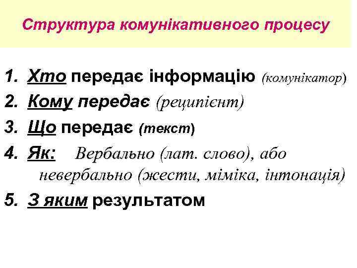 Структура комунікативного процесу 1. 2. 3. 4. Хто передає інформацію (комунікатор) Кому передає (реципієнт)