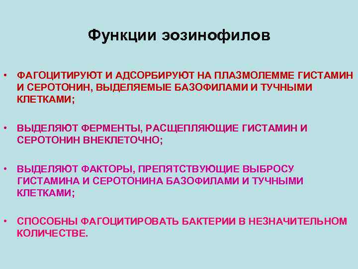 Функции эозинофилов • ФАГОЦИТИРУЮТ И АДСОРБИРУЮТ НА ПЛАЗМОЛЕММЕ ГИСТАМИН И СЕРОТОНИН, ВЫДЕЛЯЕМЫЕ БАЗОФИЛАМИ И