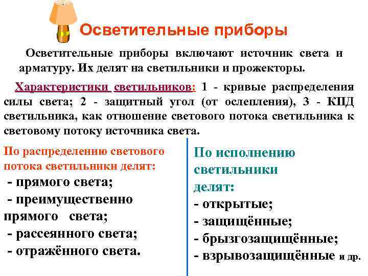 Осветительные приборы включают источник света и арматуру. Их делят на светильники и прожекторы. Характеристики
