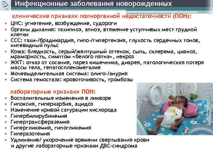 Инфекционные заболевания новорожденных клинические признаки полиорганной недостаточности (ПОН): • ЦНС: угнетение, возбуждение, судороги •