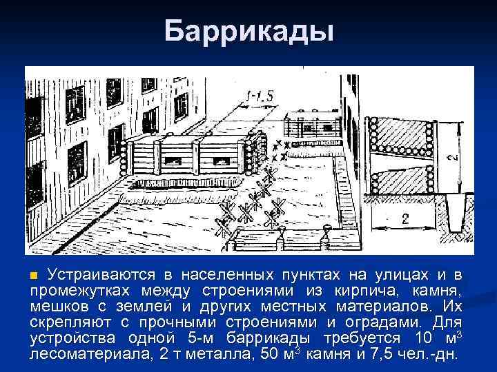 Баррикады Устраиваются в населенных пунктах на улицах и в промежутках между строениями из кирпича,