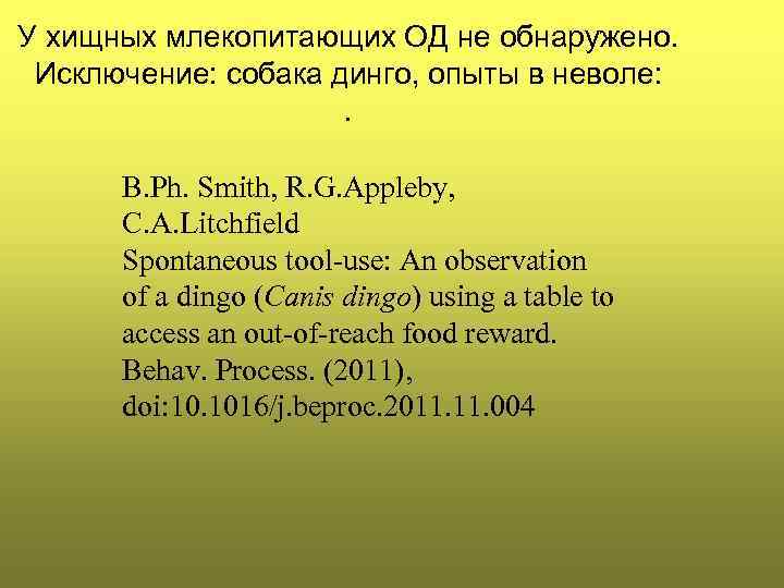 У хищных млекопитающих ОД не обнаружено. Исключение: собака динго, опыты в неволе: . B.