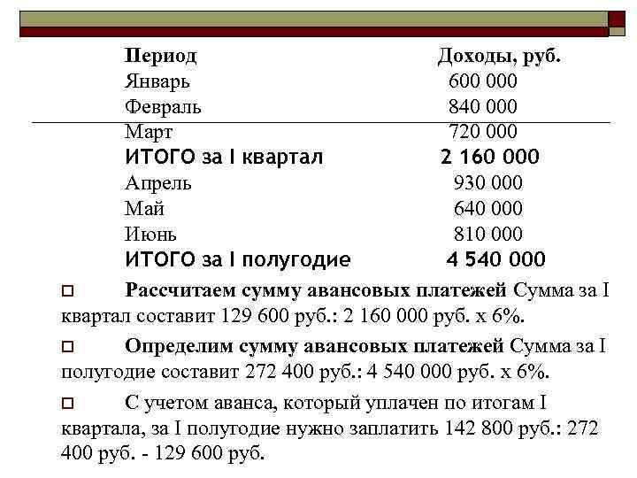 Период Доходы, руб. Январь 600 000 Февраль 840 000 Март 720 000 ИТОГО за