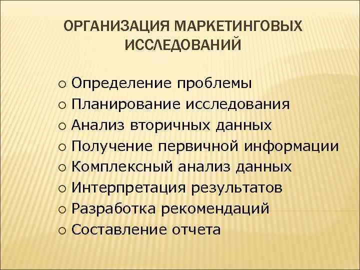 ОРГАНИЗАЦИЯ МАРКЕТИНГОВЫХ ИССЛЕДОВАНИЙ Определение проблемы ¡ Планирование исследования ¡ Анализ вторичных данных ¡ Получение