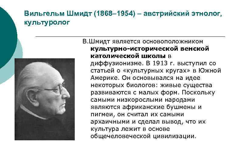 Вильгельм Шмидт (1868– 1954) – австрийский этнолог, культуролог В. Шмидт является основоположником культурно-исторической венской