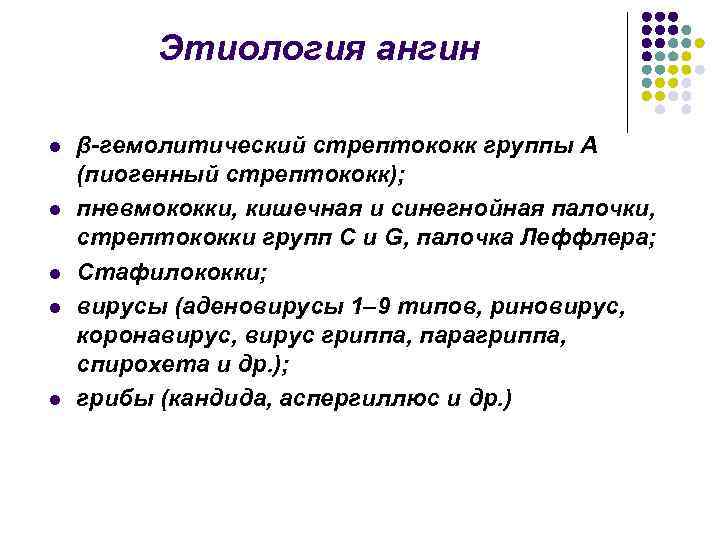 Этиология ангин l l l β-гемолитический стрептококк группы А (пиогенный стрептококк); пневмококки, кишечная и