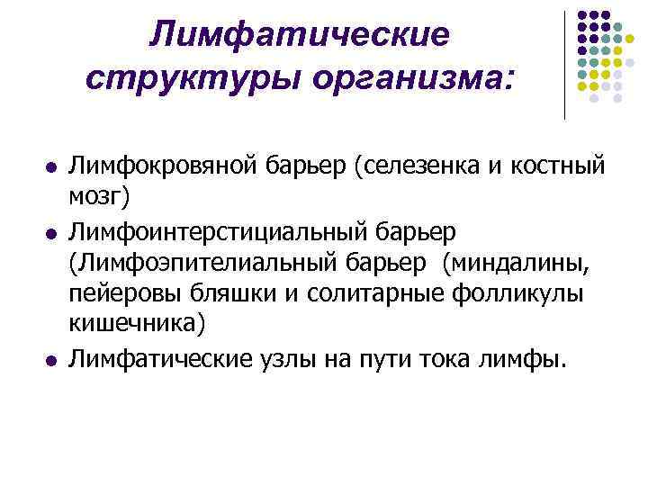 Лимфатические структуры организма: l l l Лимфокровяной барьер (селезенка и костный мозг) Лимфоинтерстициальный барьер