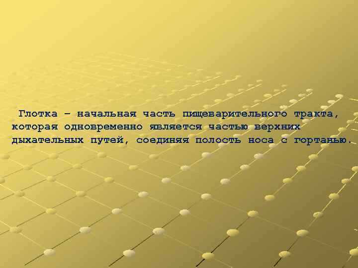 Глотка – начальная часть пищеварительного тракта, которая одновременно является частью верхних дыхательных путей, соединяя