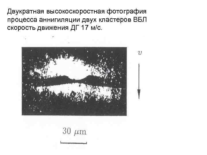 Двукратная высокоскоростная фотография процесса аннигиляции двух кластеров ВБЛ скорость движения ДГ 17 м/с. 