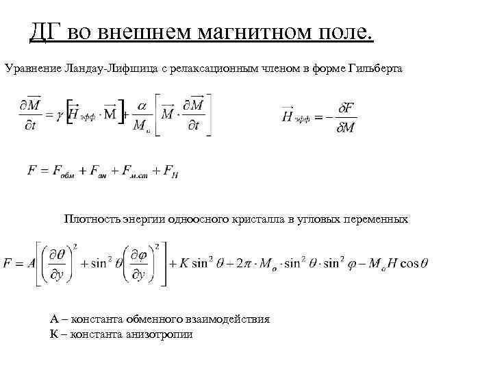 ДГ во внешнем магнитном поле. Уравнение Ландау-Лифшица с релаксационным членом в форме Гильберта Плотность